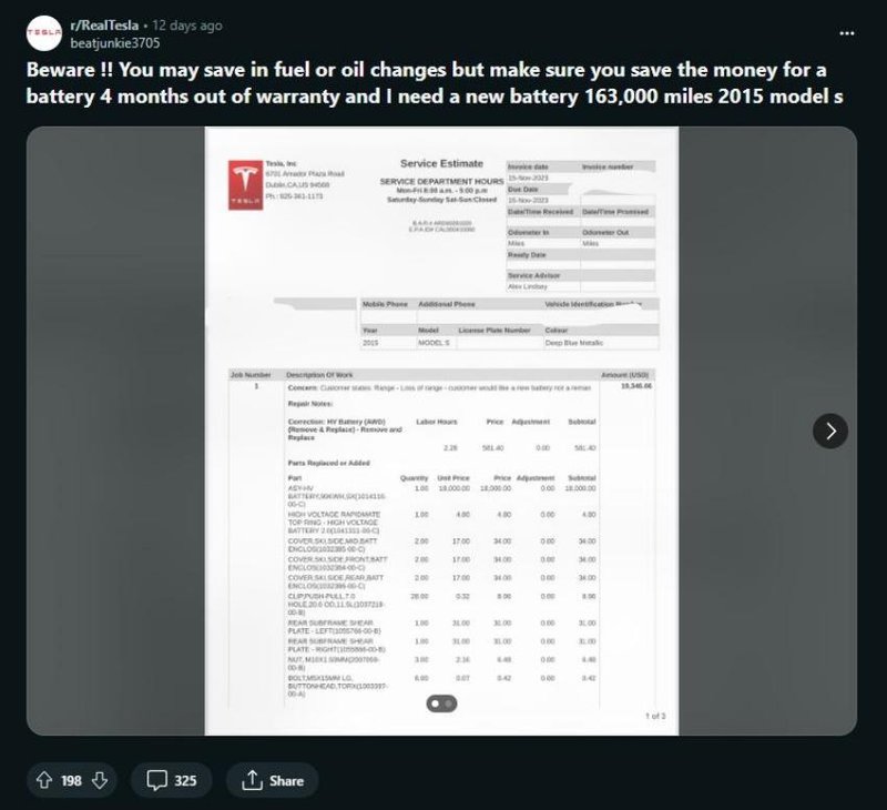 ▲Tesla Model S 车主呼吁，电动车省下的保养与燃油花费最好存下来，以便电池坏了，有钱更换。