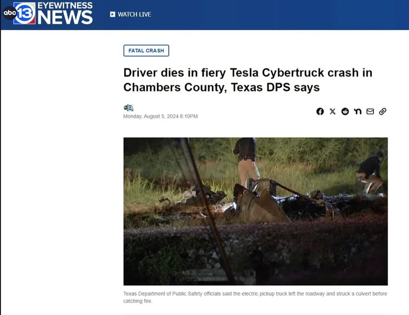 ▲特斯拉Cybertruck发生车祸,司机当场死亡。