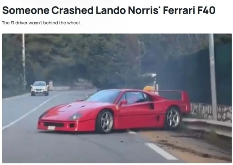 ▲一辆Ferrari F40上周在英国伦敦北部撞毁。