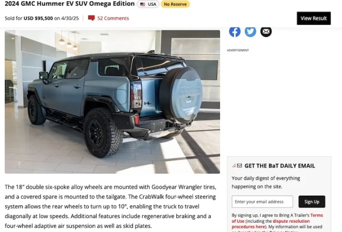 ▲在 Bring a Trailer 拍卖平台上现身的 Hummer EV 电动悍马。(图:Bring a Trailer)